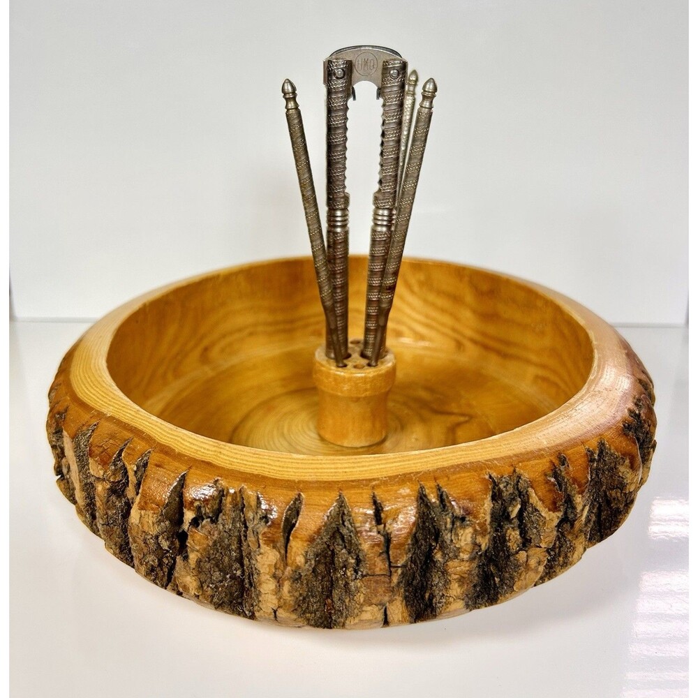 Mid Century Vintage Rustic Handcrafted Live Edge Nut Cracker Bowl Set